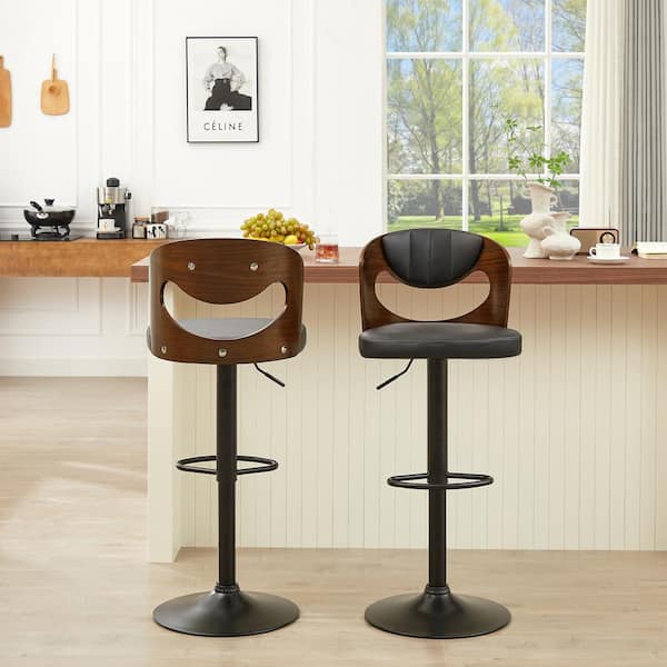 Swivel Bar Stools Set of 2 Seat Height Adjustable Wooden Barstools PU Leather Upholstered Bar Chairs with Back, Black