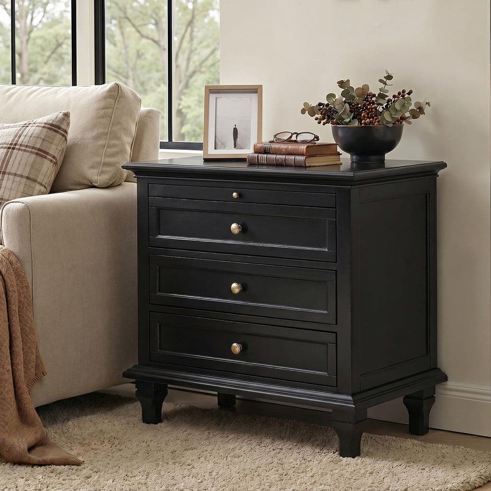 Julia Black 27 in. H Traditional 3-Drawer Solid Wood Legs Nightstand with Charging Station