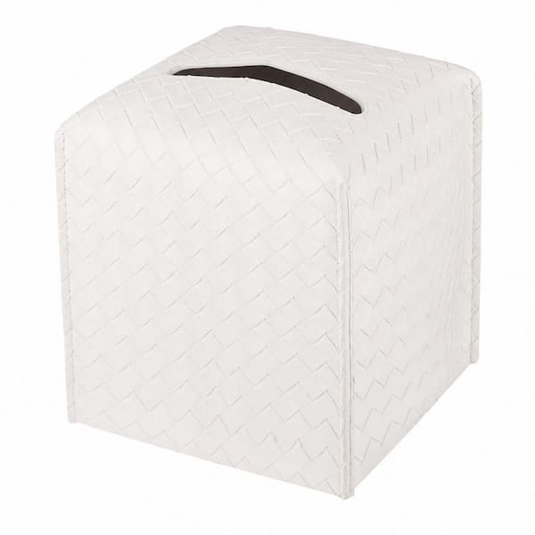 Square PU Leather Tissue Box Cover in White, Facial Paper Organizer Dispenser for Bathroom, Vanity, Tabletop, Car