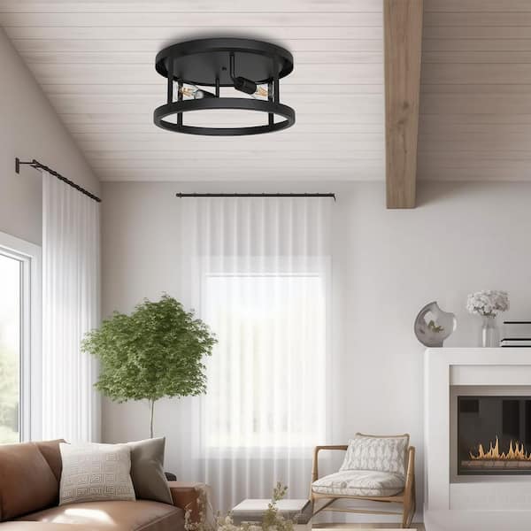 2-Light Matte Black Drum Flush Mount Ceiling Light Modern Industrial Farmhouse Ceiling Light for Hallway Entryway