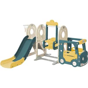 Yellow Freestanding Bus Structure Playset with Swing and Basketball Hoop