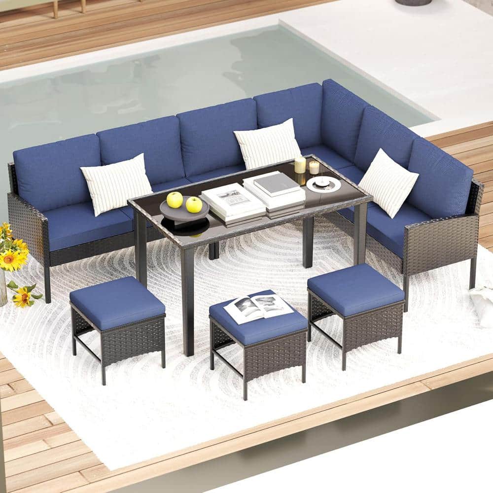 7-Piece All Weather Wicker High Back Patio Conversation Seating Set with Bl