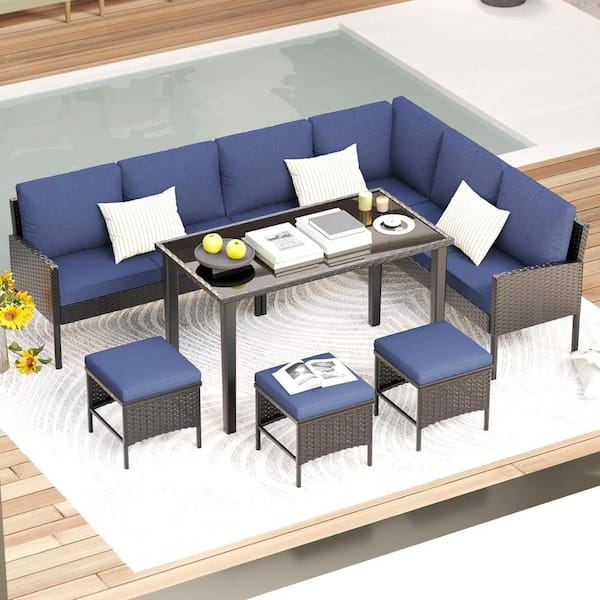 Unbranded 7-Piece All Weather Wicker High Back Patio Conversation Seating Set with Blue Cushions, Coffee Table and Ottomans