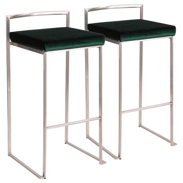 Lumisource Fuji 30 in. Stainless Steel Bar Stool with Green Velvet Cushion (Set of 2)