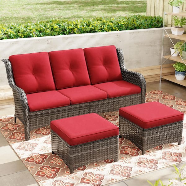 JOYSIDE Wicker Outdoor Patio Sofa Sectional Set with Red Cushions and Ottoman