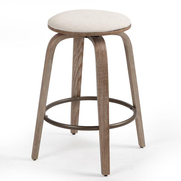 Beatus Beige Woven Fabric Counter Stool with Natural Wood Legs (Set of 2)