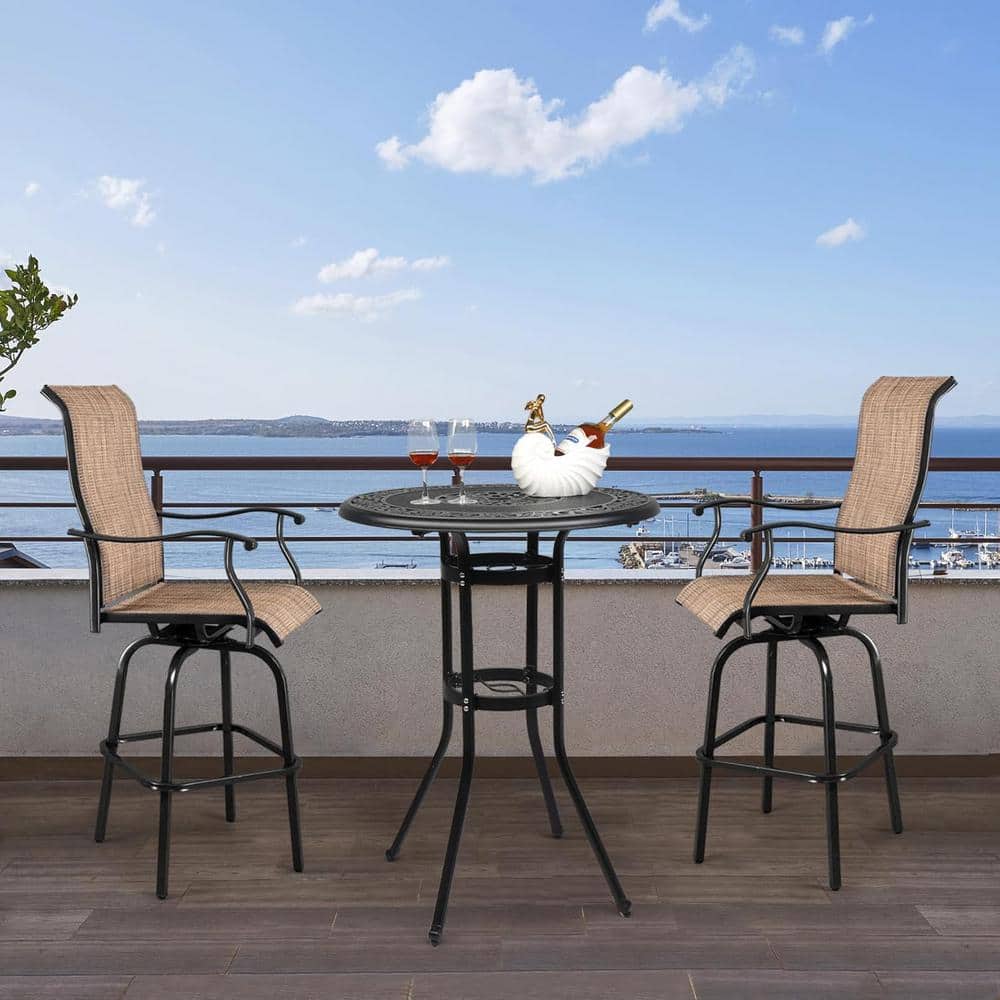 Black Cast Aluminum Round Outdoor Bar Table with Umbrella Hole