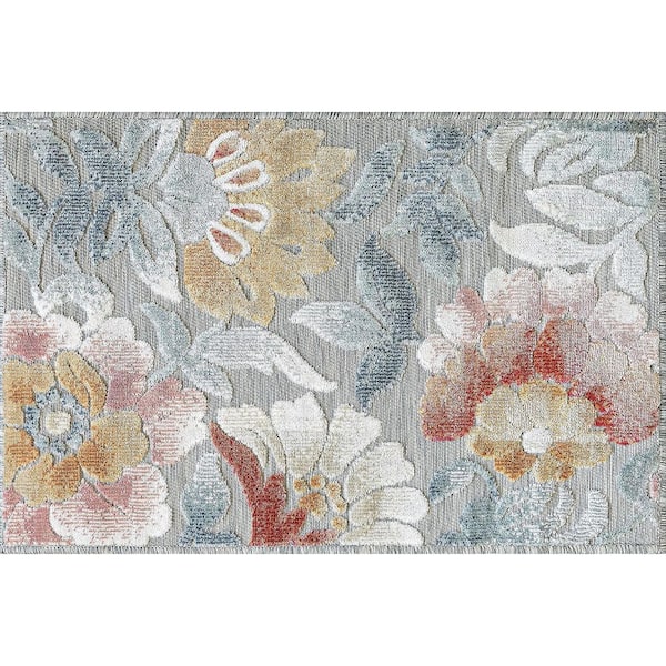 Tayse Rugs Tropic Floral Gray 2 ft. x 3 ft. Indoor/Outdoor Area Rug
