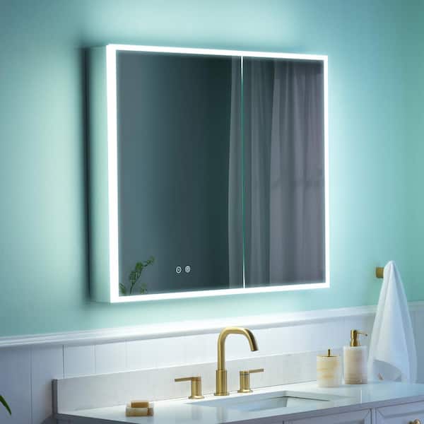 36 in. W x 30 in. H Rectangular Aluminum Recessed/Surface Mount LED Medicine Cabinet with Mirror, 3x Magnifying Mirror