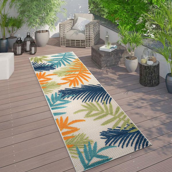 Evora Palm Frond Multi 2 ft. 7 in. x 10 ft. Indoor/Outdoor Runner Rug
