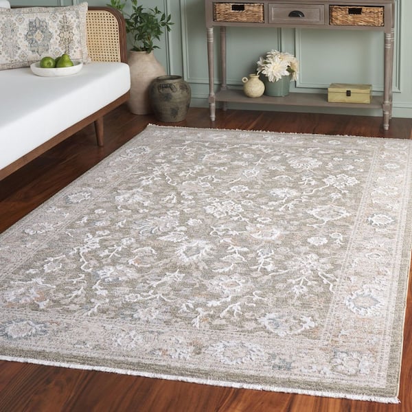 Finley 7 ft. x 7 ft. Green/Beige Floral Border Square Area Rug