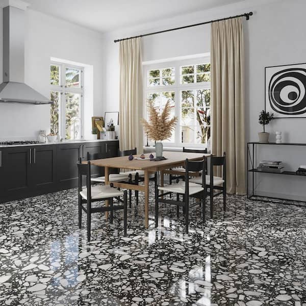 Terraforma 24 in. x 24 in. Polished Jet Black Marble Terrazzo Large Format Wall and Floor Tile 15.5 sq. ft./Case-4 Pack