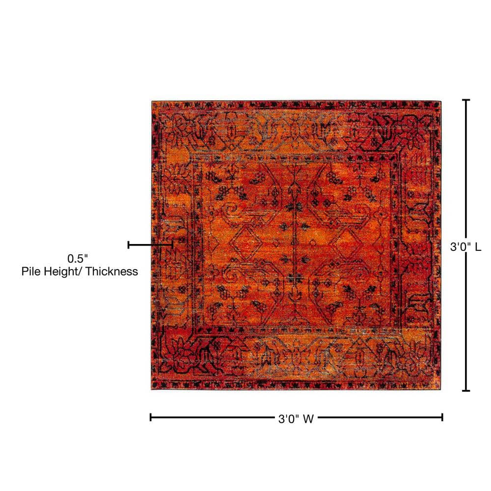 Vintage Red Floral Square Synthetic Area Rug, 3'x3'