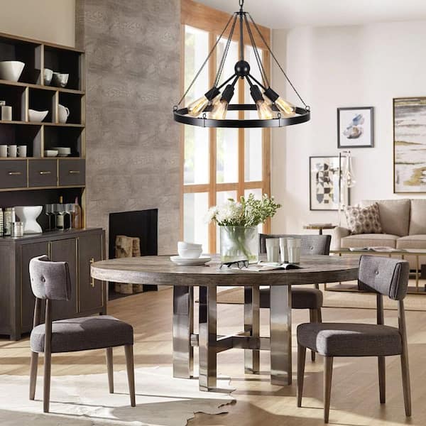 6-Light Black Circle Wagon Wheel Chandelier Sputnik Linear Chandelier Lighting for Kitchen Island