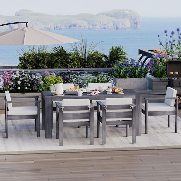 7-Piece Patio Wood Rectangle Table Outdoor Dining Set with Beige Cushions