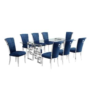 Dominga 9-Piece Rectangular Glass Top Stainless Steel Base Dining Set Seat Capacity 8 Navy Blue Velvet Fabric