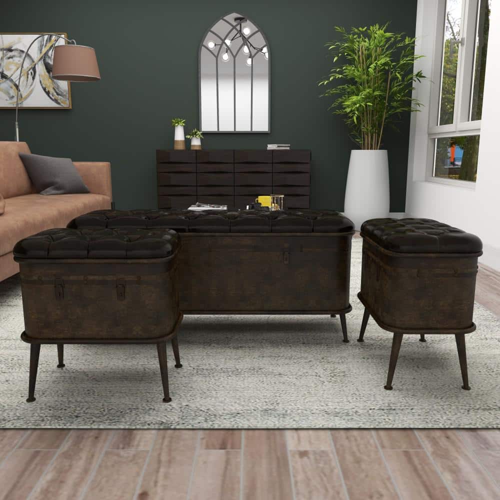 Brown Metal Storage Bench with Tufted Faux Leather Set