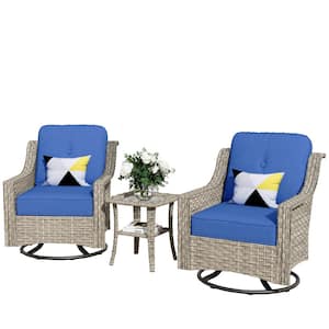 Eureka Grey 3-Piece Wicker Outdoor Patio Conversation Swivel Rocking Chair Seating Set with Navy Blue Cushions