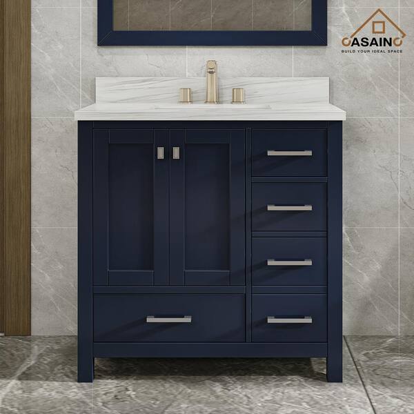 CASAINC 36 in. W x 22 in. D x 35.4 in. H Single Sink Bath Vanity in Navy Blue with White Natural Marble Top and Mirror