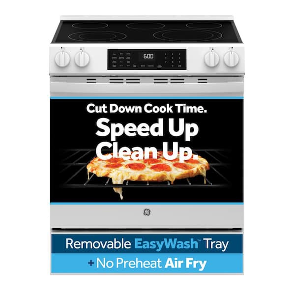 GE 30 in. 5 Burner Element Smart Slide-In Electric Convection Range in White with EasyWash Oven Tray And No-Preheat Air Fry
