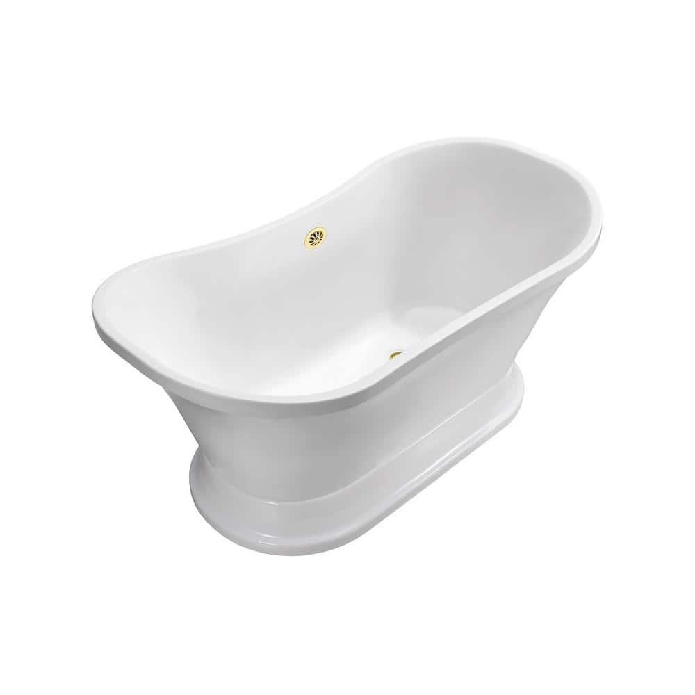 60" Glossy White Freestanding Acrylic Bathtub with Polished Gold Drain