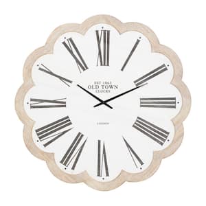 33 in. x 33 in. White Wood Floral Shaped Wall Clock with Brown Scalloped Frame