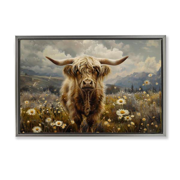 Stupell Industries Cattle in Daisy Field by LSR Design Studio Gray Floater Frame Animal Graphic Art Print 21 in. x 31 in.