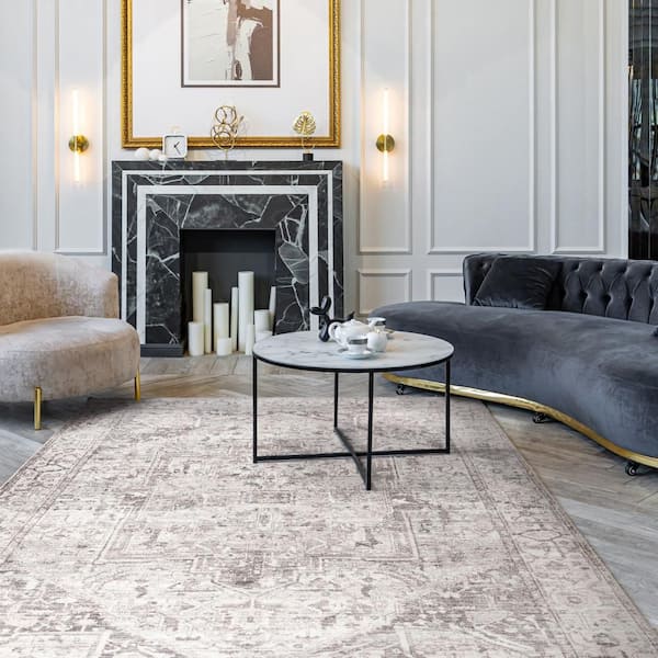 Atrium Medallion Spill Proof Washable Grey 9 ft. x 12 ft. Indoor Area Rug