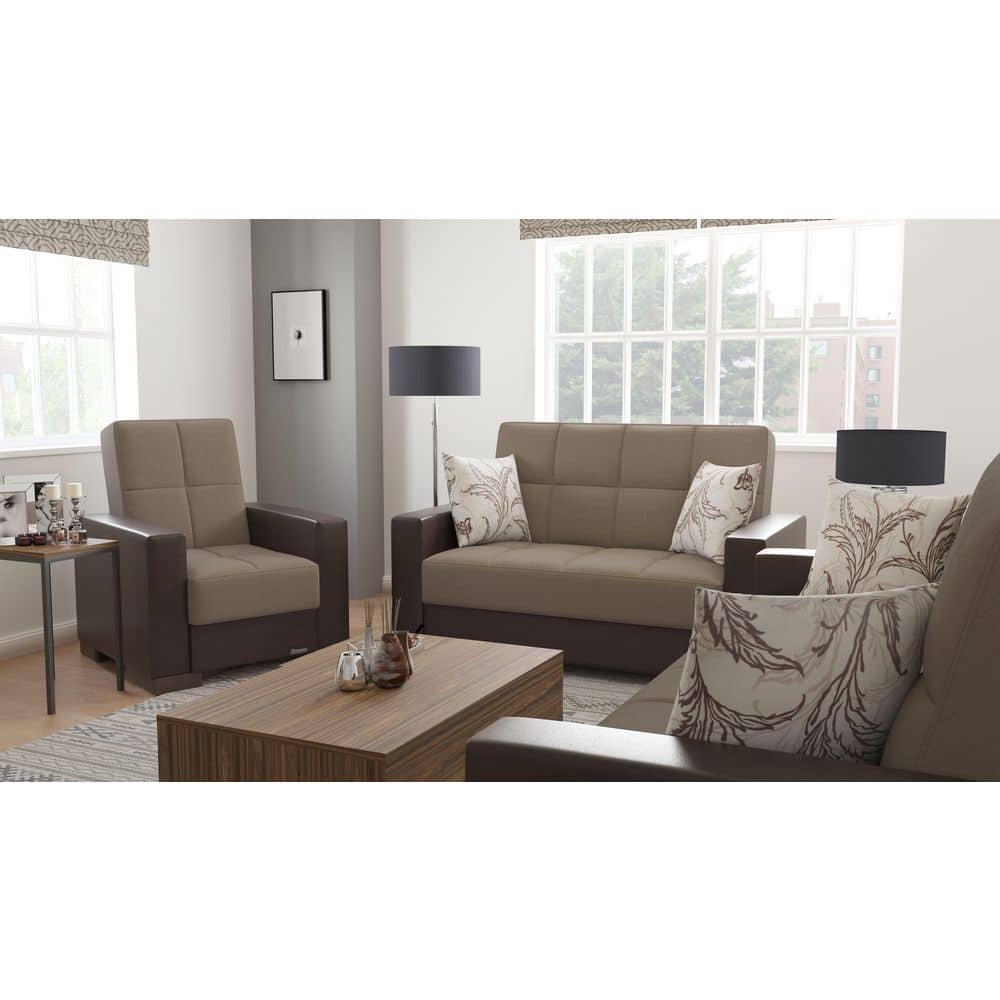 Sand and Brown Chenille Upholstered Accent Chair with Storage