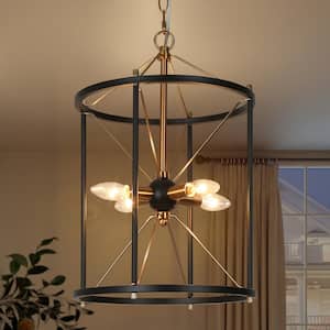 12.5 in. 4-Light Black Kitchen Island Pendant Light, Brass-Plated Cage Chandelier Lighting, Modern Pendant Hanging Light