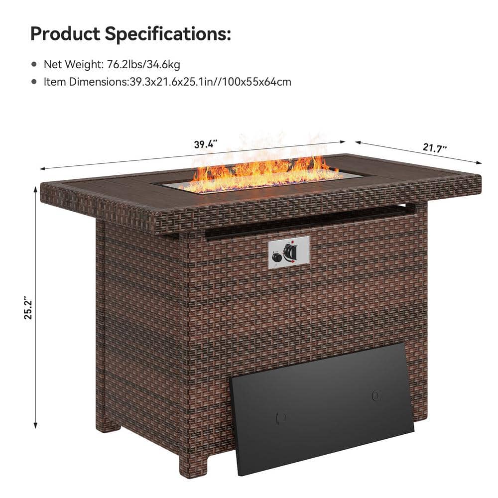 44'' Dark Brown Wicker Propane Fire Pit Table with Lid