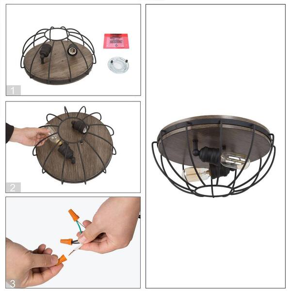 LNC 14.5 in. 2-Light Black Industrial Cage Flush Mount with LNC 14.5 in. 2-Light Black Industrial Cage Flush Mount with