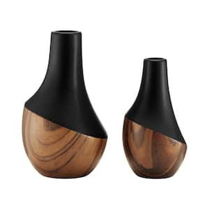 Milo Kalbas Ceramic 9.5 in. H 2-Piece Gourd Shape 2 Tone Multi-Colored Tabletop Vase Set Black and Walnut