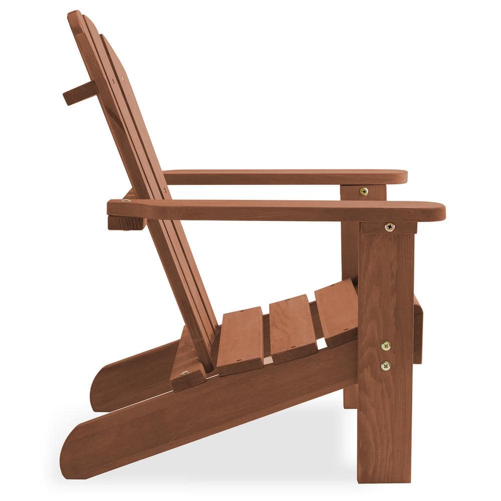 Side view of a dark brown wooden children's Adirondack chair.