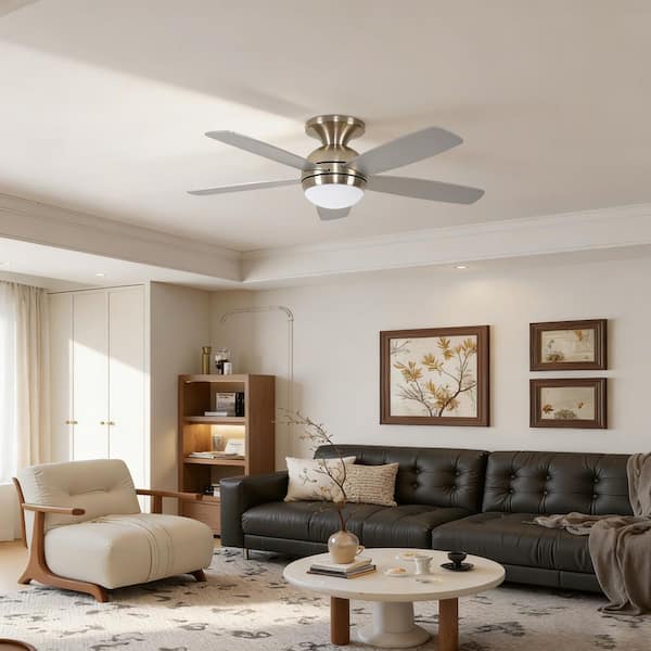 52" Ceiling Fan with Light Kit, 5 Pcs Plywood Reversible Blades, LED, DC 6-Speed, Remote, 2 Rods, Silver + Brushed Gold
