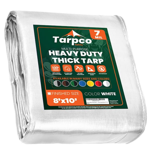 TARPCO SAFETY 8 ft. x 10 ft. White 7 Mil Heavy Duty Polyethylene Tarp, Waterproof, UV Resistant, Rip and Tear Proof