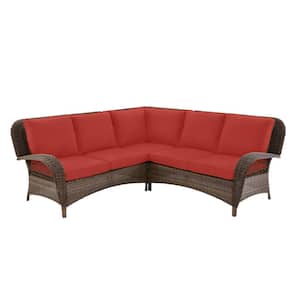 Beacon Park 3-Piece Brown Wicker Outdoor Patio Sectional Sofa with CushionGuard Chili Red Cushions