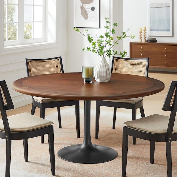 Lippa Round Black Walnut Solid Mango Wood 60 in. Pedestal Base Dining Table for 6-Seats