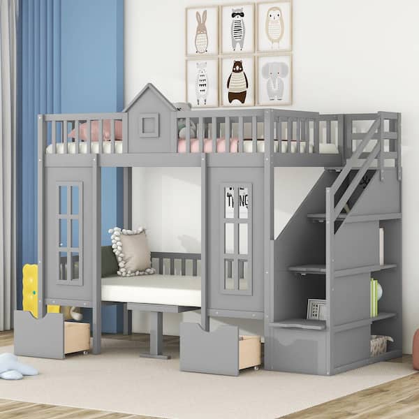 Polibi Gray Twin-Over-Twin Bunk Bed with Changeable Table, Bunk Bed Turn into Upper Bed and Down Desk