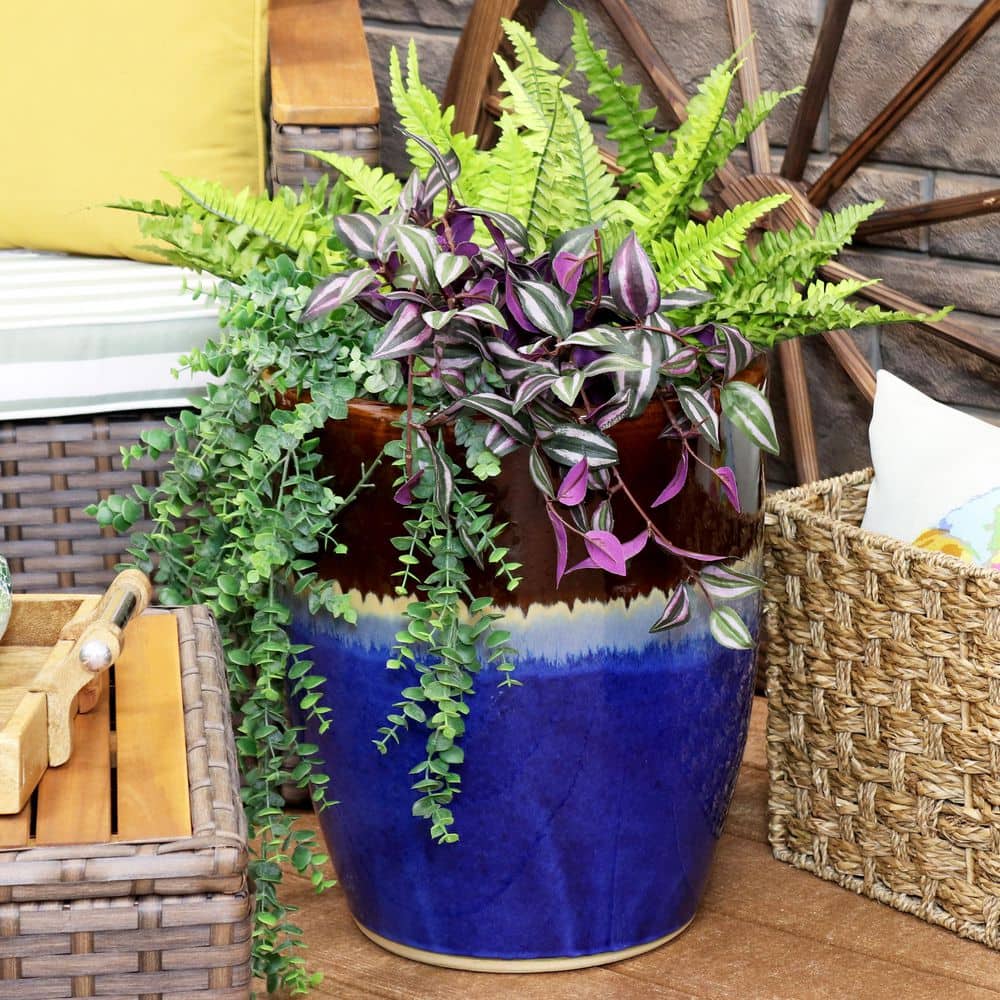 Beachcomber 14-Inch Glazed Ceramic Indoor/Outdoor Planter