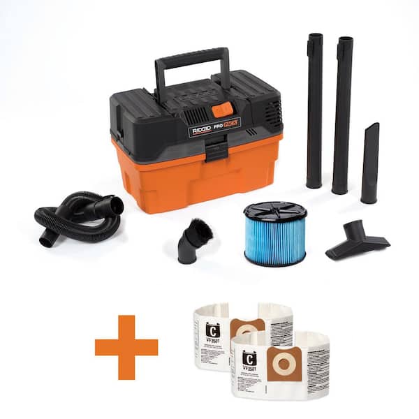 RIDGID 4.5 Gal. 5.0 Peak HP PRO PACK Shop Vacuum Wet Dry Vac with Fine Dust Filter, Dust Bags, Hose and Accessories WD4522A