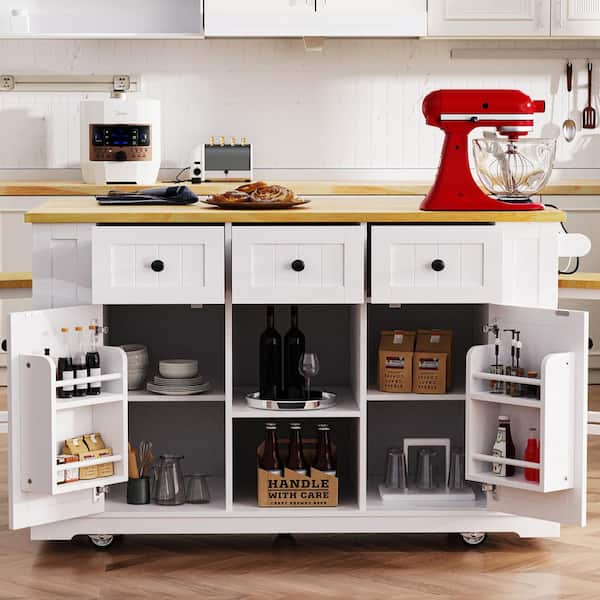 White Wood 53.1 in. W Rolling Kitchen Island Cart with Drop Leaf, 3-Drawers and Side Open Shelves