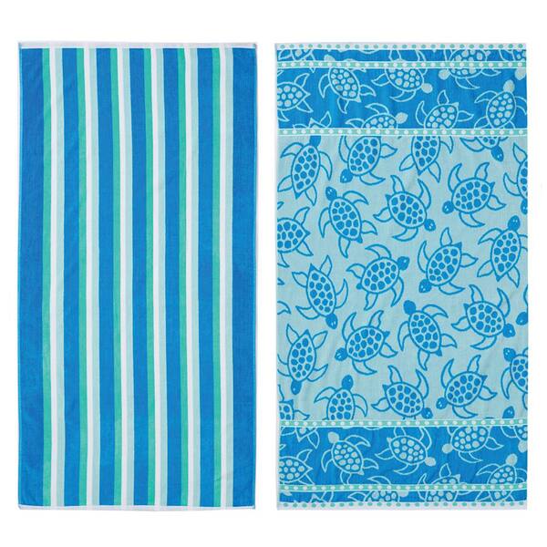 FRESHFOLDS Blue Printed Cotton Velour 2 Pack Premium Beach Towels