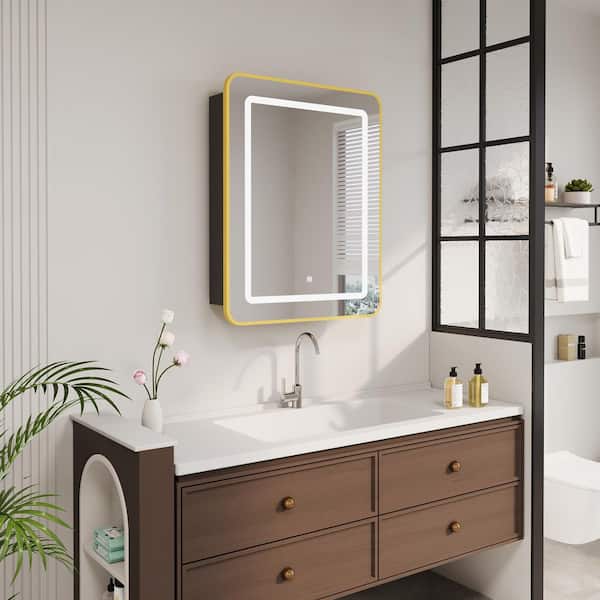 20 in. W x 30 in. H Bright Rectangular Gold Wall Mount LED Lighted Medicine Cabinet with Mirror