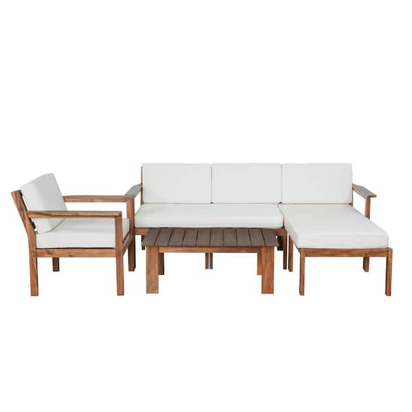 Unbranded 4-Piece Acacia Wood Patio Conversation Set with Coffee Table, Beige Cushions, Suitable for Gardens, Backyards, Balcony