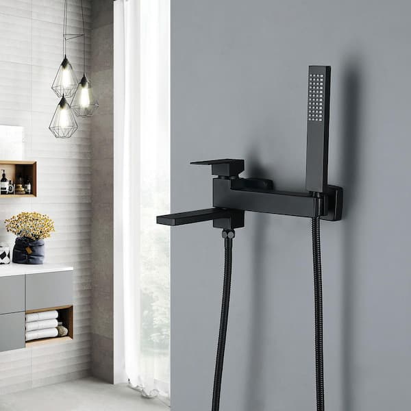 1-Handle Wall Mounted Roman Tub Faucet 90° Rotating Spout Bathtub Faucet with Hand Shower in Matte Black