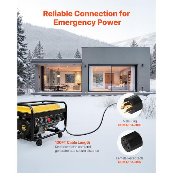 100 ft. Heavy-Duty SJTW 30-Amp Generator Extension Cord & Inlet Box, NEMA L14-30P to L14-30R, 125/250-Volt, Up to 7500 W