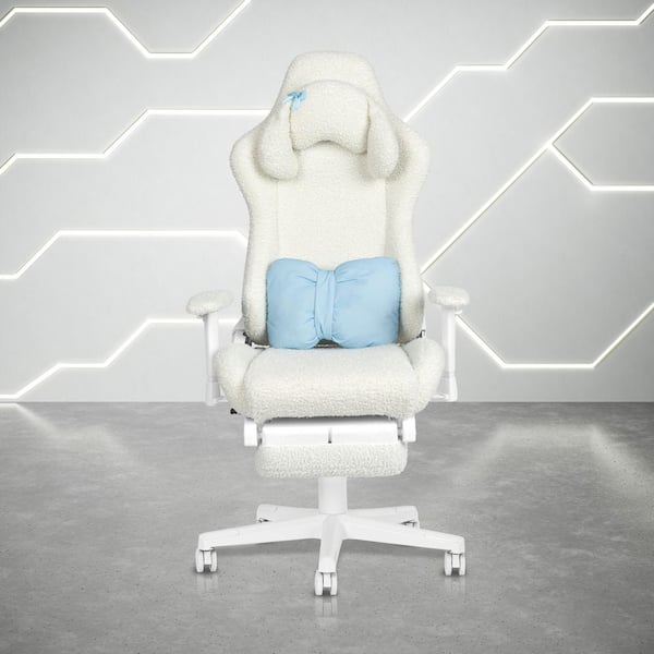 Fuzzy Bunny Fabric Adjustable Height Ergonomic Gaming Chair in White with Head and Lumbar Pillows and Footrest