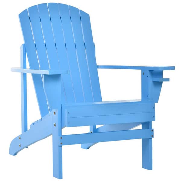 Blue Wood Adirondack Chair, Outdoor Patio Lawn Chair with Cup Holder, Weather Resistant Lawn Furniture