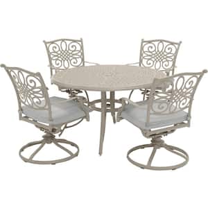 Traditions 5-Piece Aluminum Outdoor Dining Set with 4 Swivel Rockers and Cast Table with Beige Cushions